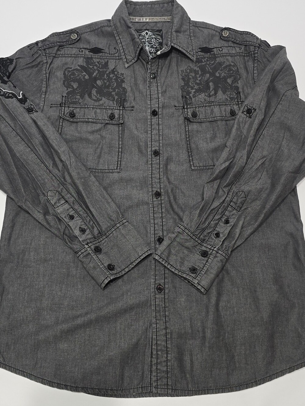 Roar Enough Excuses Men's Gray Embroidered Button Down Shirt Freedom Graphic L
